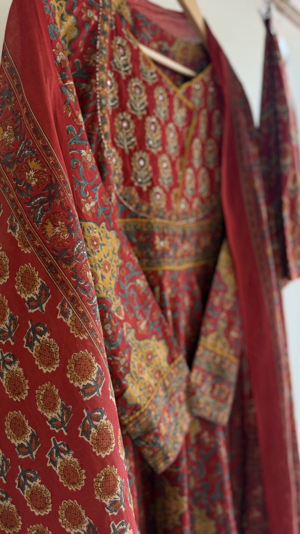 Red Kalamkari Cotton Anarkali Suit Set – 3 Piece