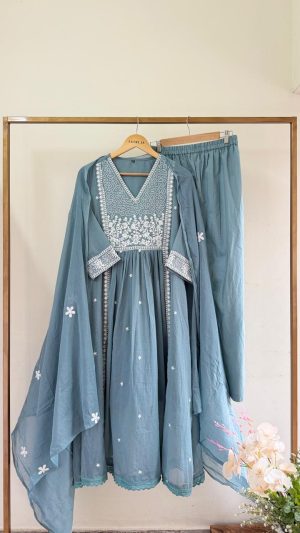 Dusty Blue Embroidered 3-Piece Cotton Suit Set