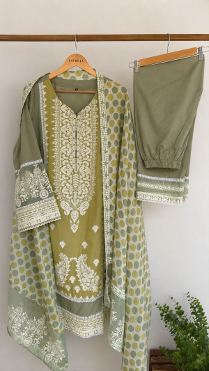 Sage Green 3-Piece Embroidered Lawn Suit with Polka Dot Dupatta