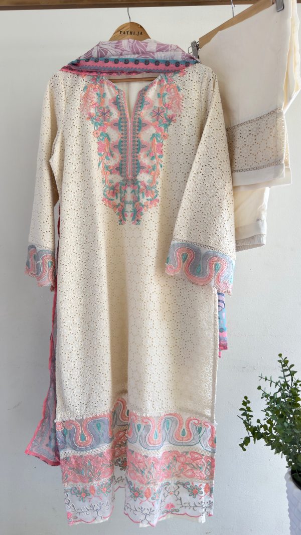 IMG_0398 Off-White Pakistani Style Cotton Suit Set – Pink & Aqua Embroider