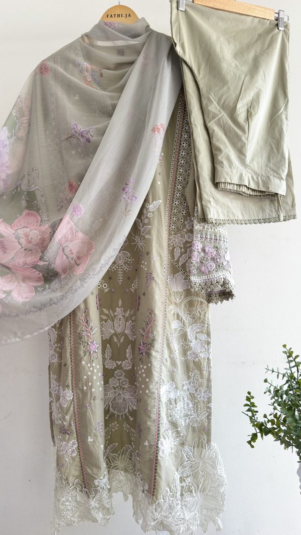 IMG_0424 Sage Green Heavy Embroidered Lawn Suit with Printed Chiffon Dupatta