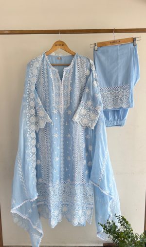 IMG_0602 Powder Blue Schiffli Chikan Suit Set with Embroidered Dupatta
