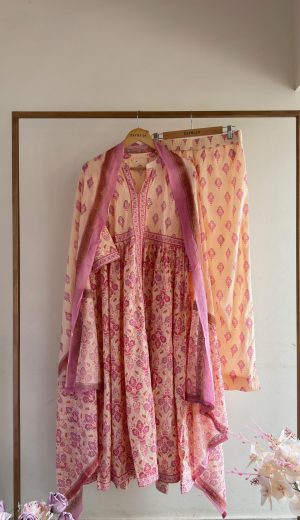 Cotton Floral Anarkali Set – Pink on Peach